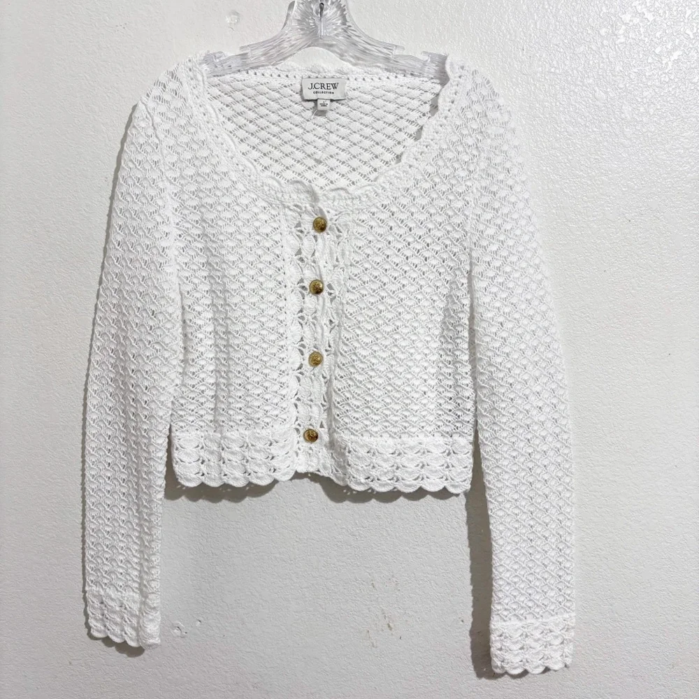 J. Crew Collection Crochet Knit Cropped‎ Cardigan Sweater in White - Picture 2 of 7